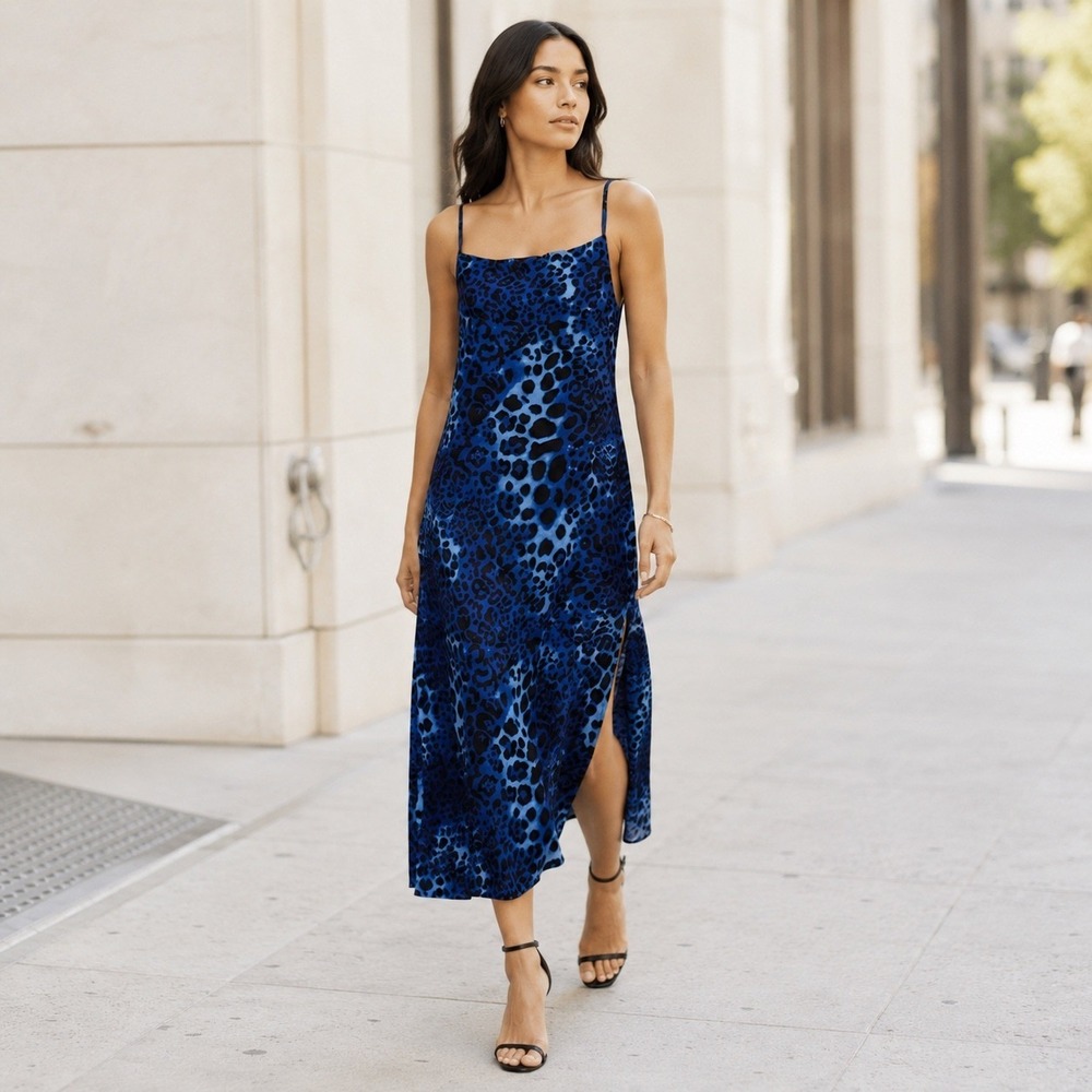 Nightcap Blue Leopard Silk Slip Maxi Dress Bold Y2K Indie Sleaze Day to Night M